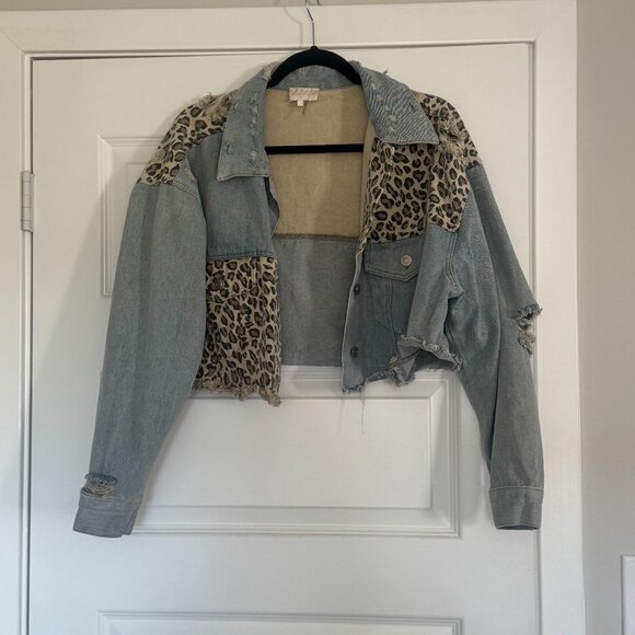 Small Cropped Distressed Jean Jacket with Cheetah Print Accent - Picture 1 of 4